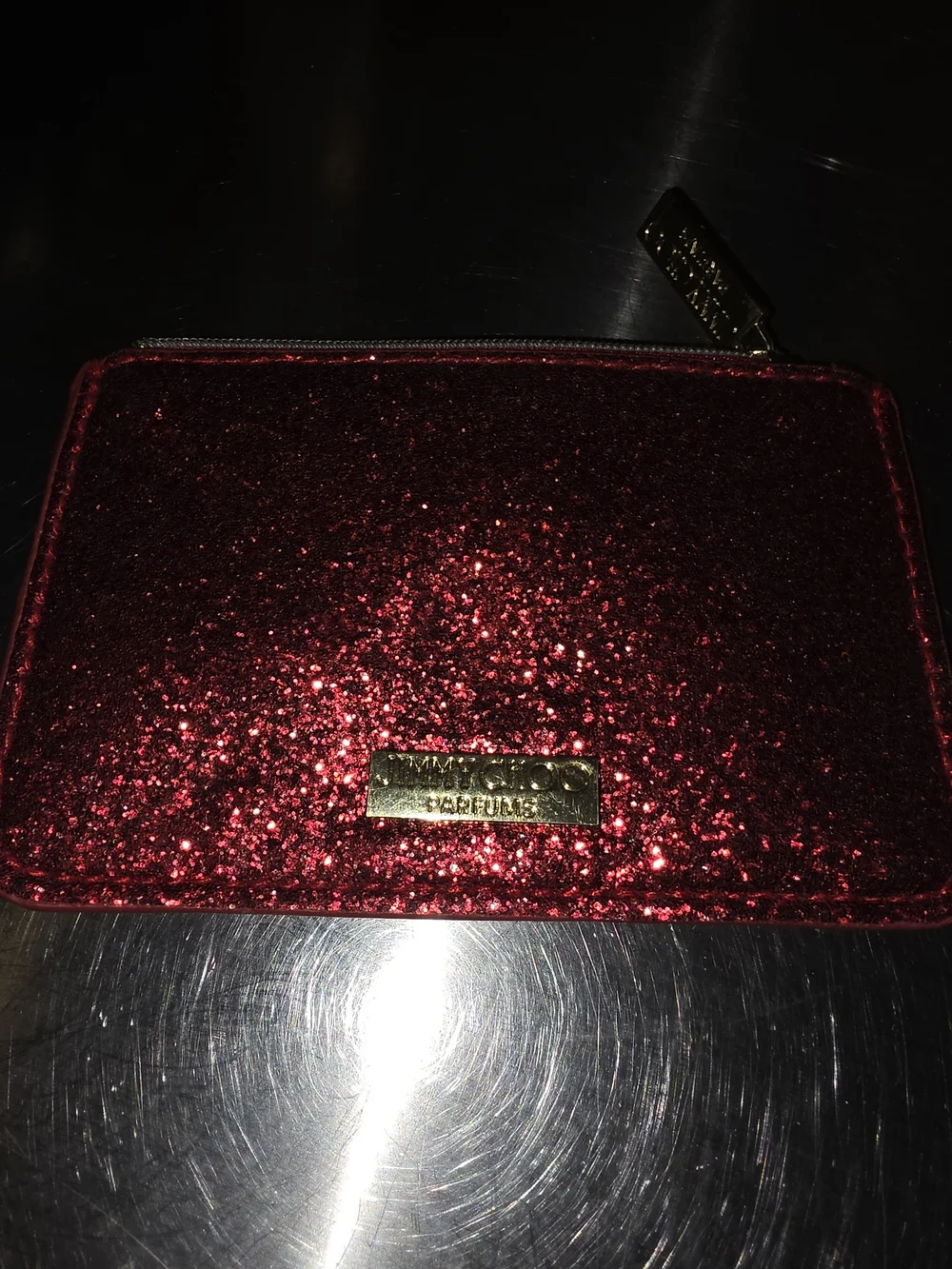 NWT Jimmy Choo Parfums Red Glitter Mini Zip Coin Purse Pouch Wallet